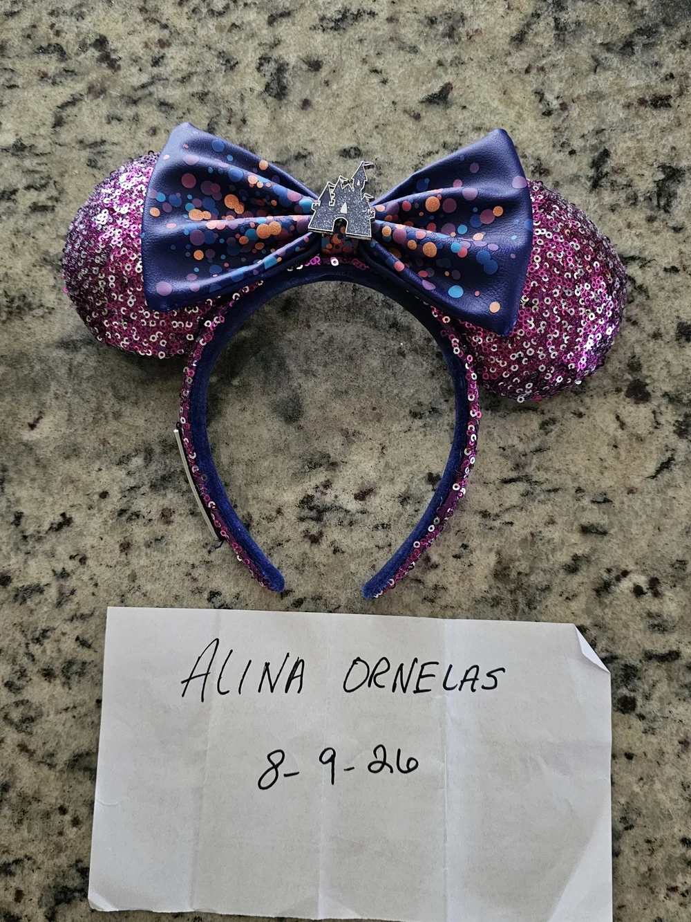Sequin Purple Mouse Ears Headband with Navy Confetti Bow. Disneyland Paris 30th